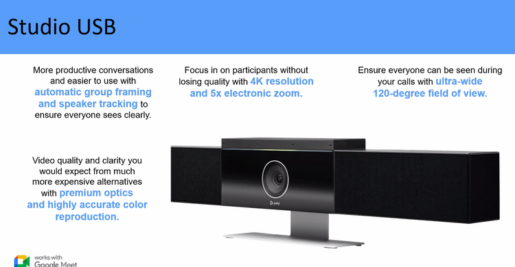 #Poly #StudioUSB #Unidad_de_Video #Camara_Inteligente #Acoustic_Fence #Noise_Block #Enfoque_grupal #Enfoque_orador #resolucion_4K #Zoom_electronico_5x #Campo_de_vision_120_grados #Almacenamiento_en_la_Nube #Google_Poly_HP #strongertogether